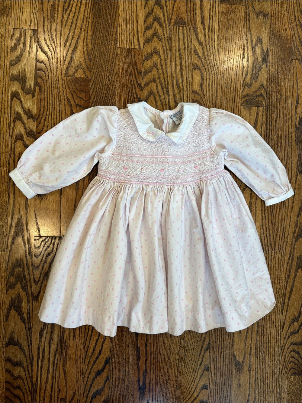 Friedknit Creations by Feltman Bros pink heart print smock dress, size 2T.